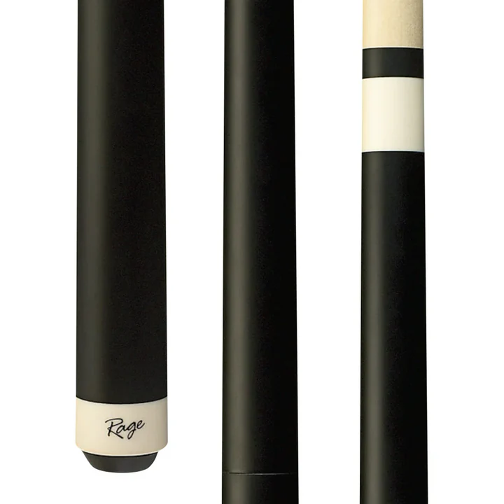 Pool cue with black and beige design on a white background