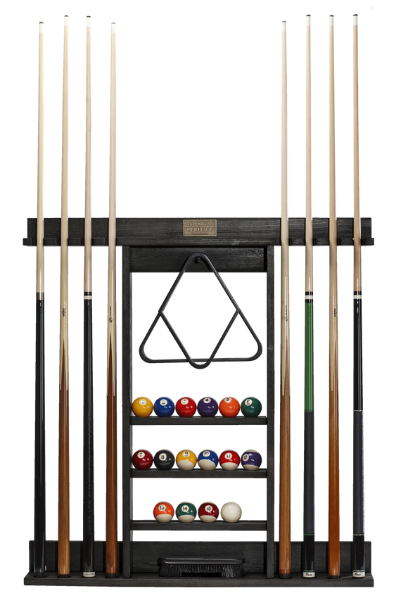Wall-mounted pool cue rack with pool balls and triangle on a white background