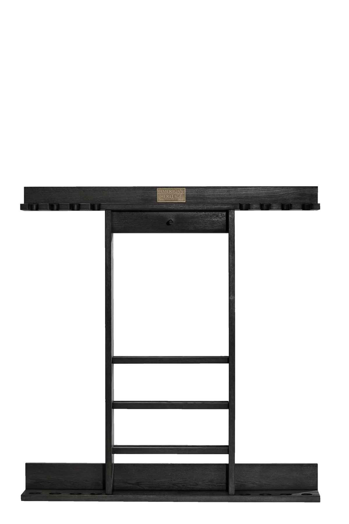 Dark wooden shelf with a ladder on a white background