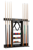 Pool cue rack with pool cues and balls on a white background