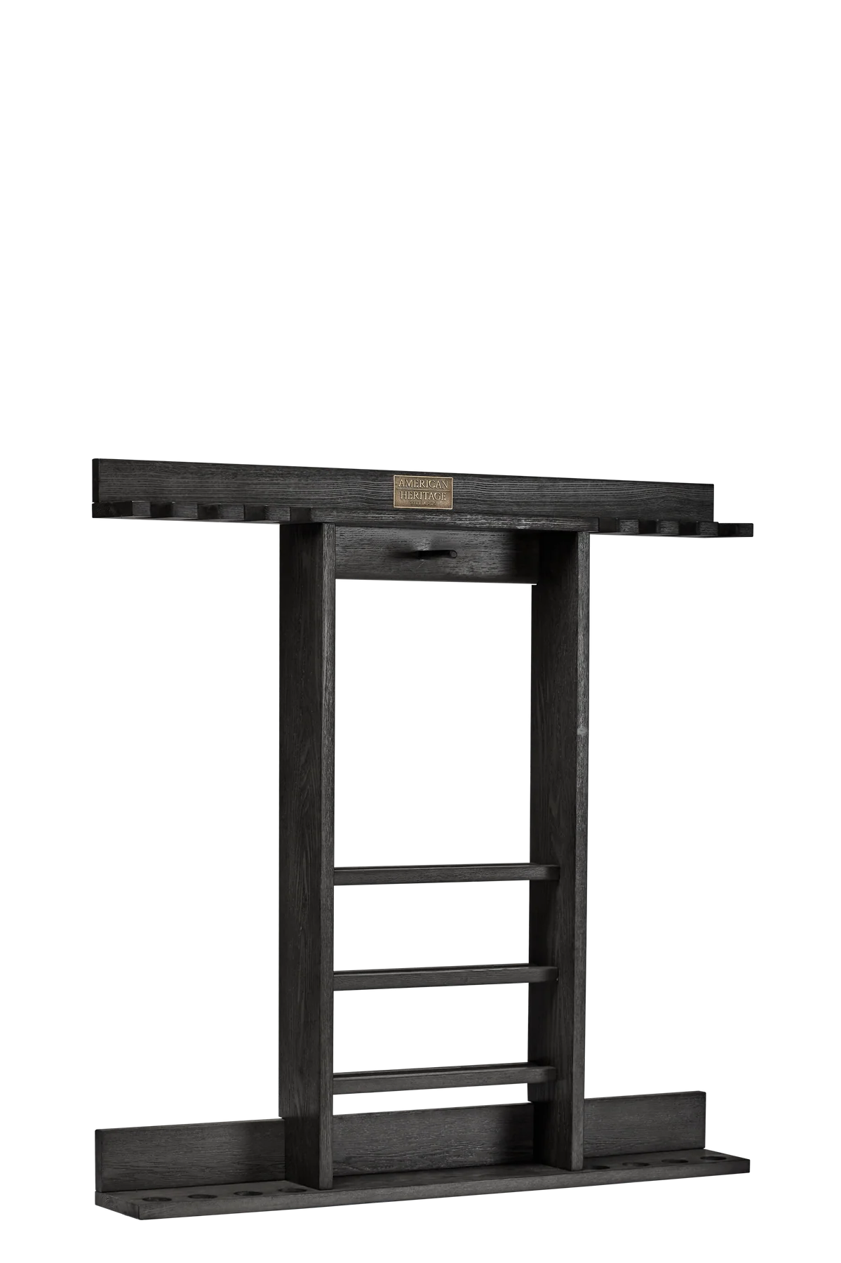 Black wall-mounted shelf with multiple levels on a white background
