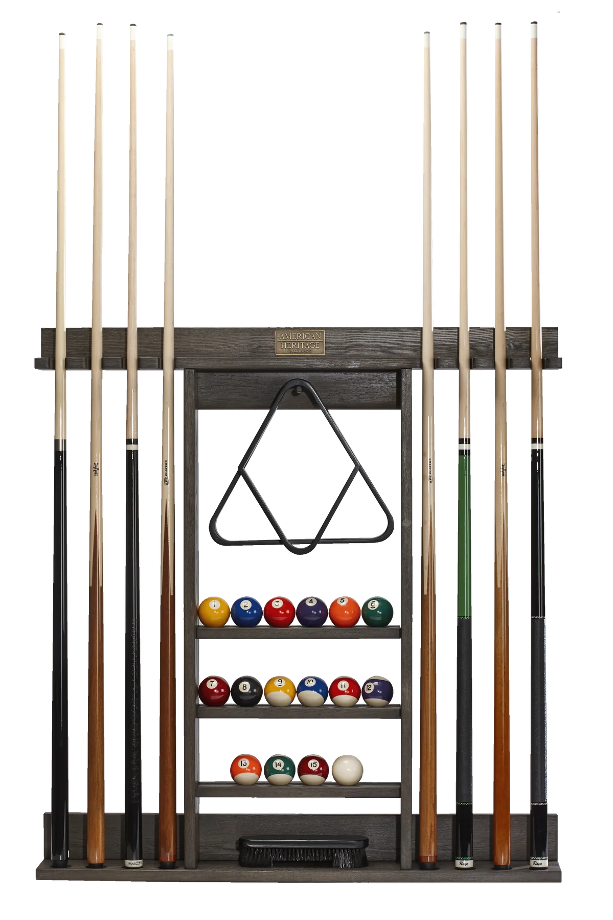 Pool cue rack with pool cues and balls on a white background
