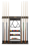 Pool cue rack with pool cues and balls on a white background