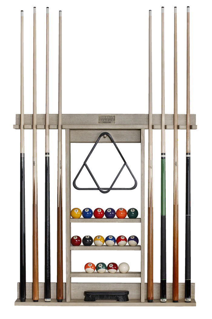 Pool cue rack with pool balls and triangle on a white background