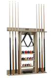 Pool cue rack with pool cues and balls on a white background