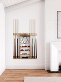 Wall-mounted pool cue rack with balls in a modern room.