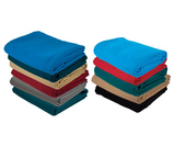 Two stacks of Simonis 860 Billiard Table Cloths by Simonis in various colors on white background.