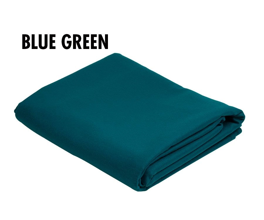 Folded Simonis 860 Billiard Table Cloth in blue-green with bold black text on white.