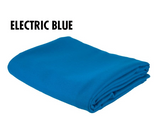 Folded Simonis 860 billiard cloth in electric blue; "ELECTRIC BLUE" on white background.