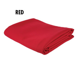 Folded red Simonis 860 Billiard Table Cloth with "RED" in black text above it.