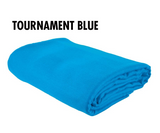 A folded blue Simonis 860 billiard table cloth with SIMONIS above it.