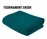 Folded Simonis 860 Billiard Table Cloth in green with SIMONIS branding above.