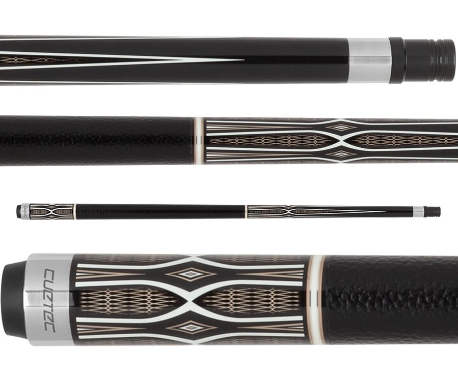 Three pool cues with black, silver, and white design on a white background