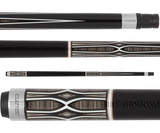 Three pool cues with black, silver, and white design on a white background
