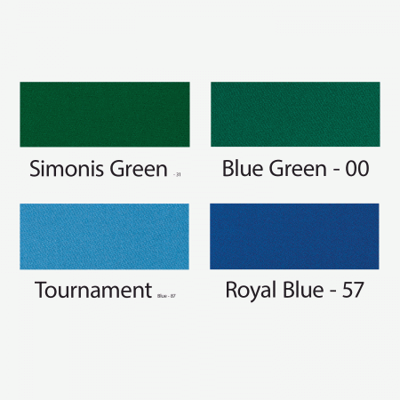 Four Simonis 860 cloth swatches in Green, Blue Green, Tournament Blue, and Royal Blue.