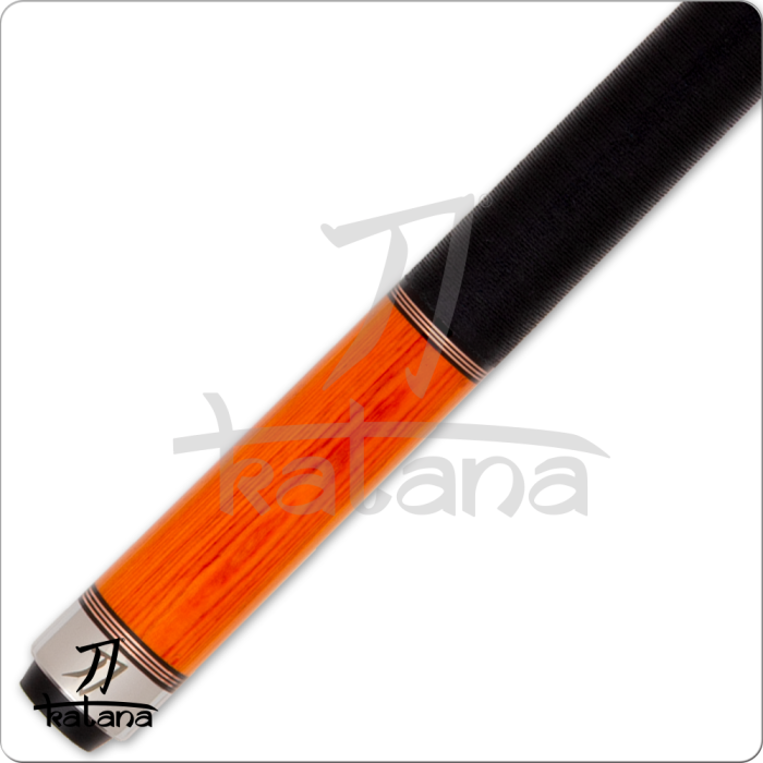 Orange and black pool cue with 'Katana' branding on a white background