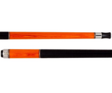 Pool cues with orange shafts and black ends on a white background