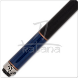 Blue and black Katana pool cue handle on a white background