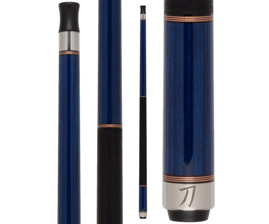 Blue and black pool cue with a brand logo on a white background