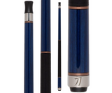 Blue and black pool cue with a brand logo on a white background
