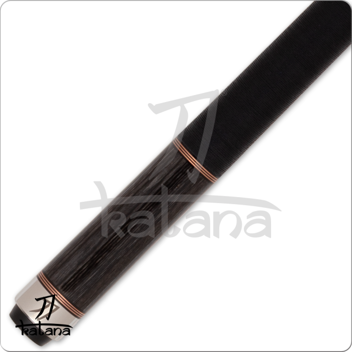 Black pool cue with rose gold accents on a white background, featuring the 'Katana' brand.