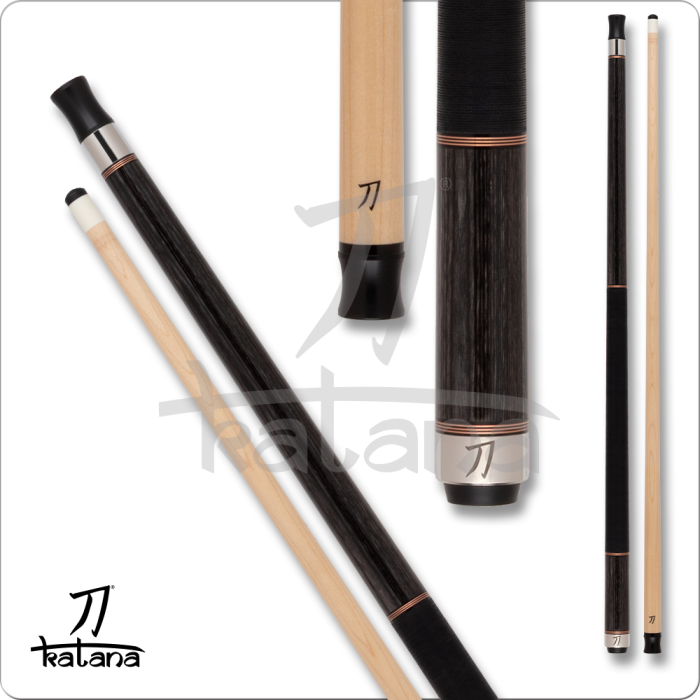 Set of pool cues with 'Katana' branding on a white background