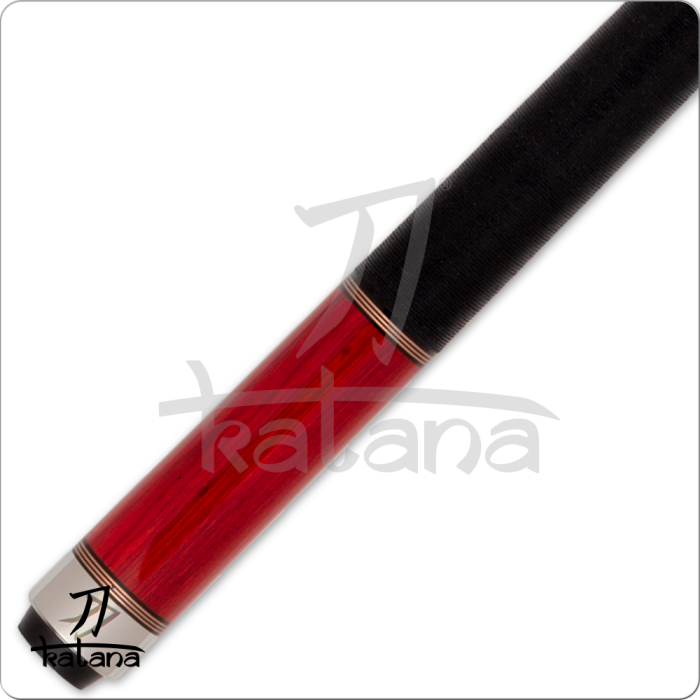 Red and black pool cue with 'Katana' branding on a white background