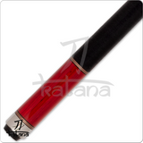 Red and black pool cue with 'Katana' branding on a white background
