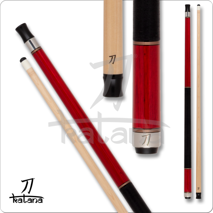Red and black pool cue with 'Katana' branding on a white background