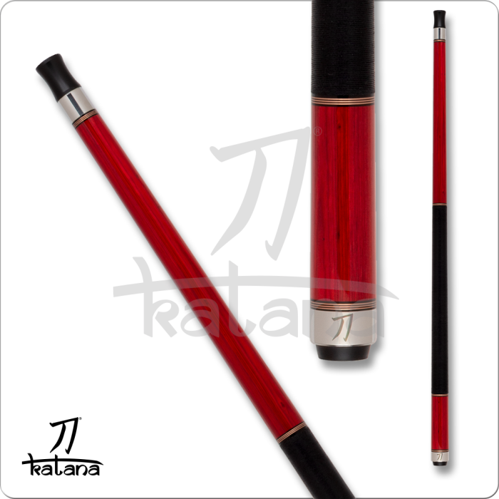 Red pool cue with black accents on a white background, featuring the 'Katana' brand.
