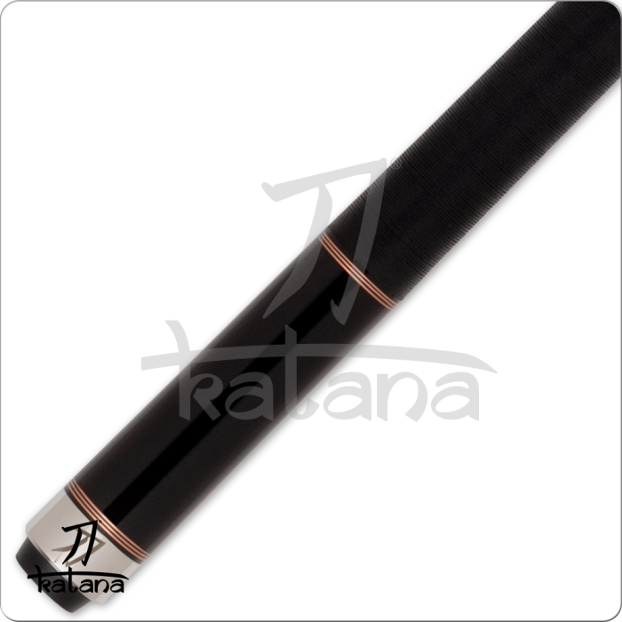 Black pool cue with rose gold accents on a white background, featuring the Katana brand.