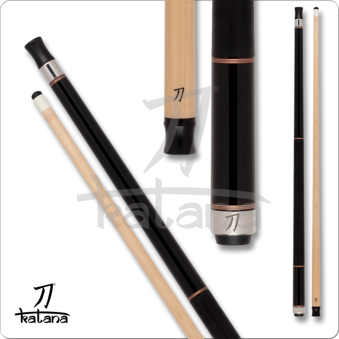 Set of pool cues with black and wooden shafts on a white background, featuring the Katana brand.