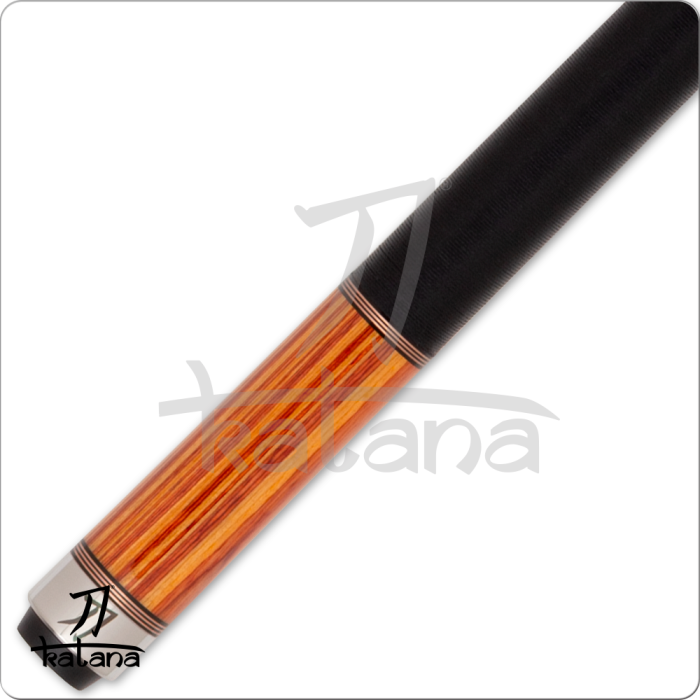 Pool cue with black, orange, and silver design on a white background