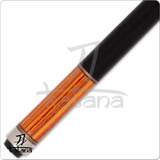 Pool cue with black, orange, and silver design on a white background
