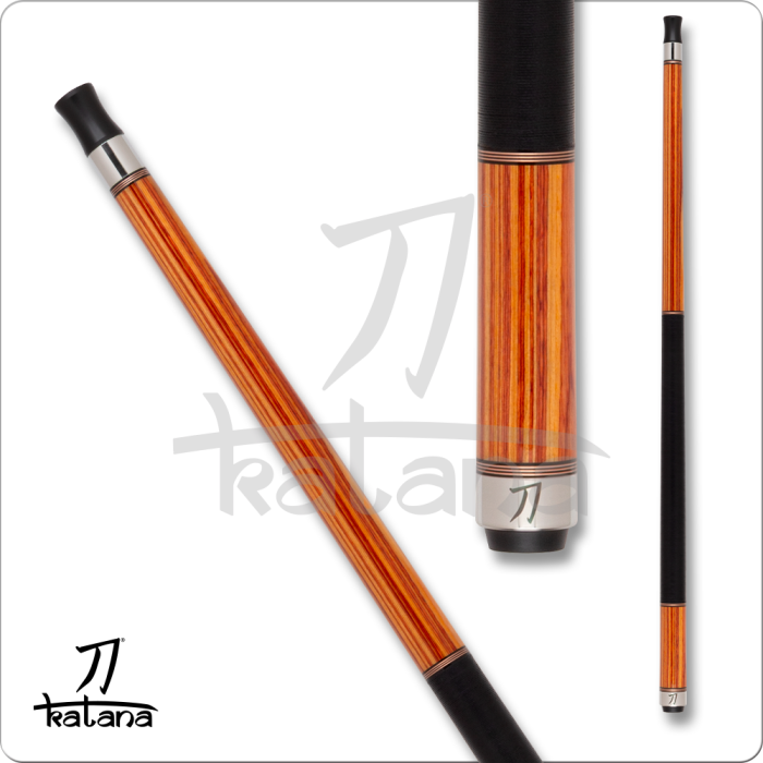 Wooden pool cue with black accents on a white background, featuring the Katana brand.