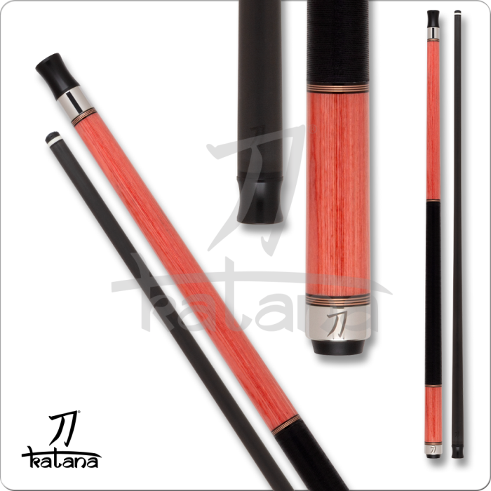 Pink and black pool cue with 'Katana' branding on a white background