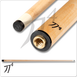 Wooden pool cue with black and gold accents on a white background
