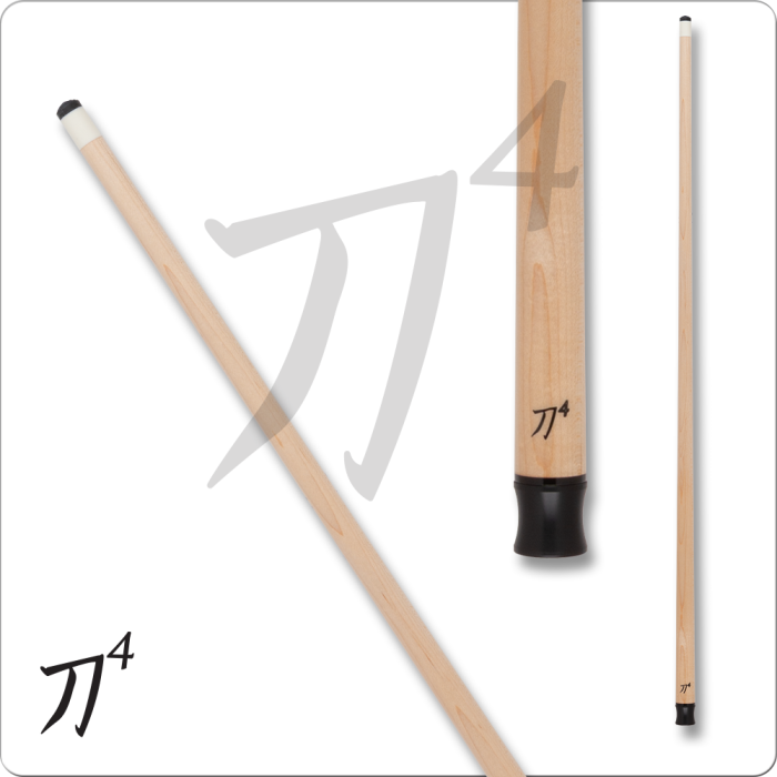 Wooden pool cue with black tip and '刀4' branding on a white background