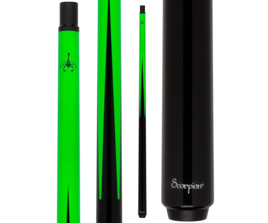 Green and black pool cue with Scorpion branding on a white background