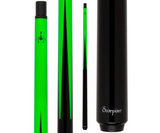 Green and black pool cue with Scorpion branding on a white background