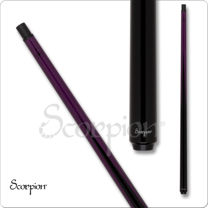 Purple and black pool cue with 'Scorpion' branding on a white background