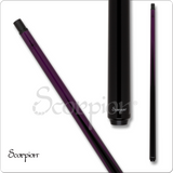 Purple and black pool cue with 'Scorpion' branding on a white background