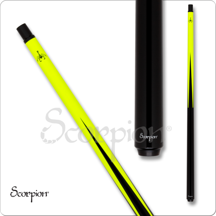 Yellow and black pool cue with 'Scorpion' branding on a white background.