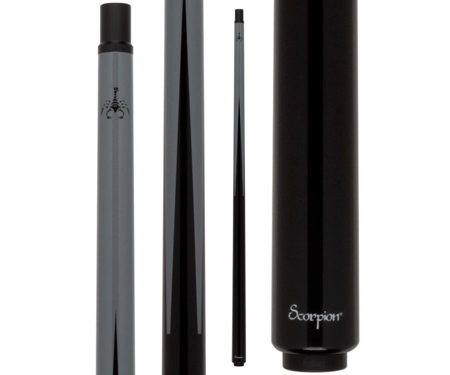 Scorpion pool cue with black and gray shafts on a white background