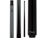 Scorpion pool cue with black and gray shafts on a white background