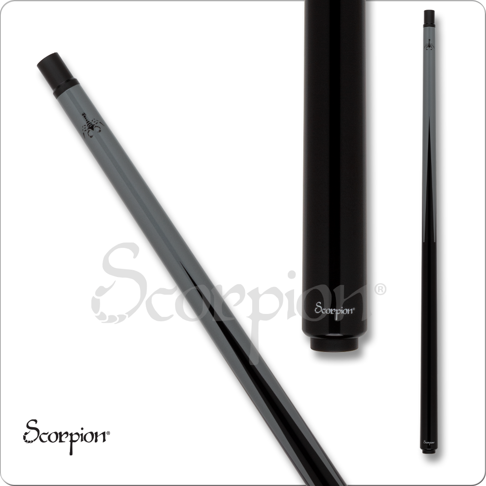 Grey pool cue with Scorpion branding on a white background