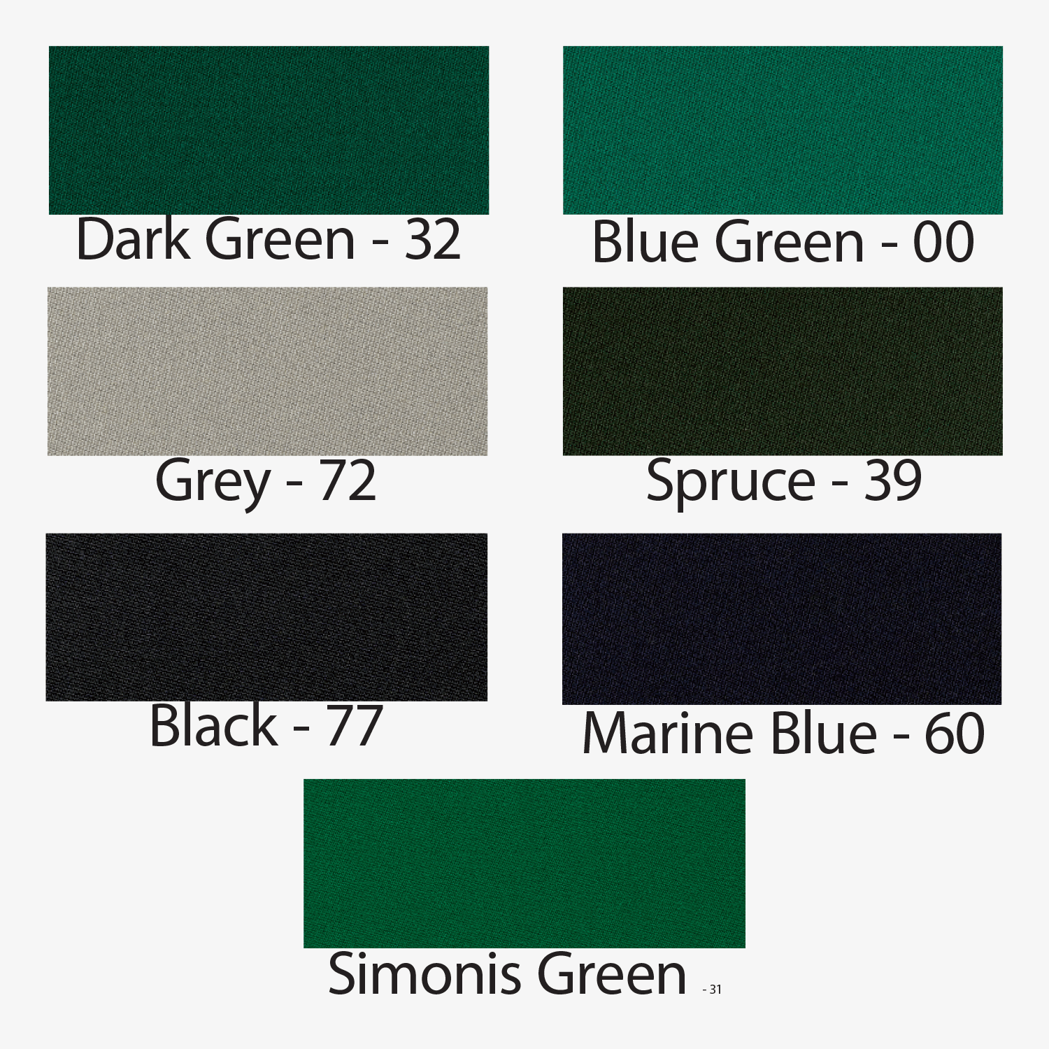 Seven rectangular fabric swatches of worsted felt, including Simonis 760 Billiard Table Cloth.