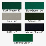Seven rectangular fabric swatches of worsted felt, including Simonis 760 Billiard Table Cloth.