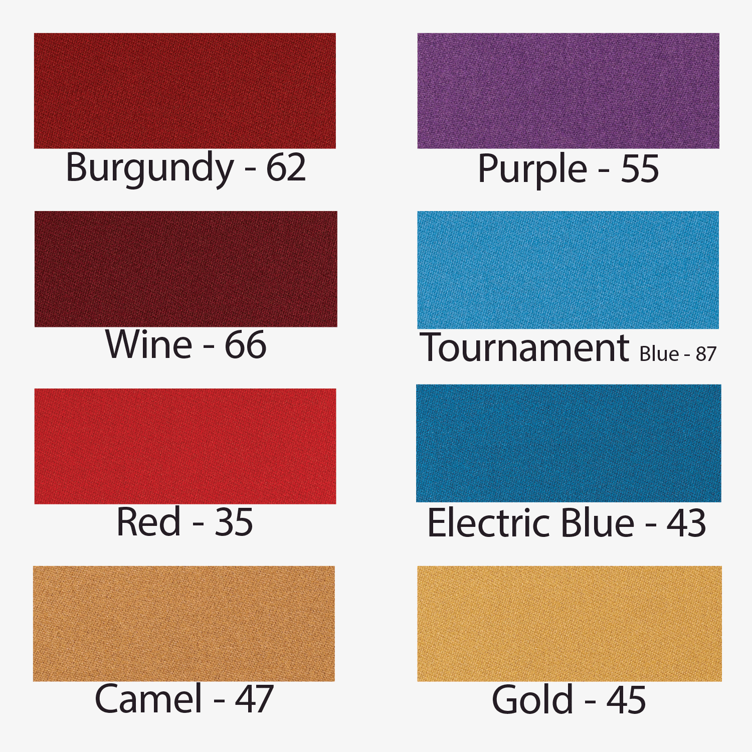 Eight Simonis 760 cloth swatches, like Tournament Blue and Camel, for your pool table.