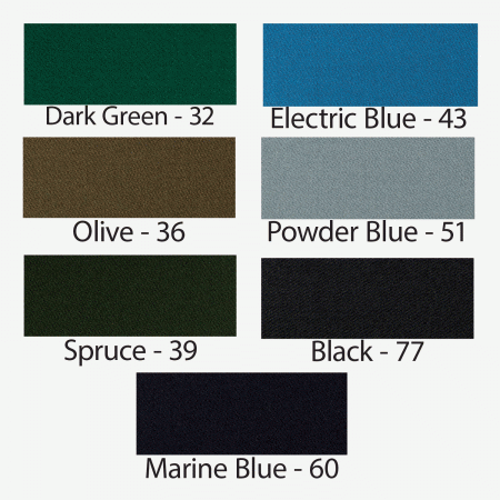 Seven Simonis 860 worsted wool swatches: Dark Green, Electric Blue, and more.